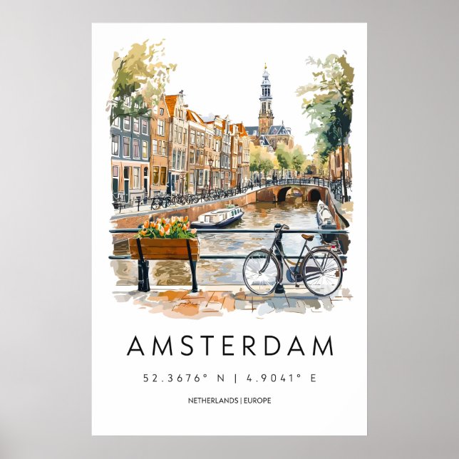 Amsterdam Akvarell Poster Amsterdam Resa Tryck (Framsidan)
