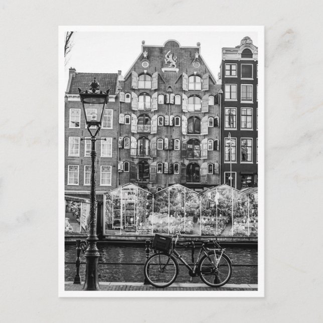 Amsterdam blommarknad cykel lykt svart & vit vykort (Framsida)