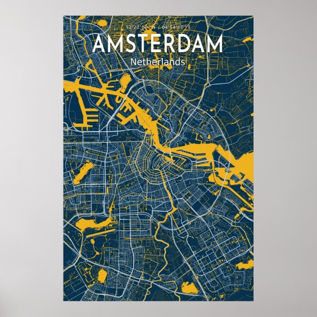 Amsterdam Blue Karta Poster, Amsterdam City Blue K Poster (Framsidan)