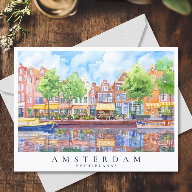 Amsterdam Canal & Boats Watercolor Travel Vykort (Amsterdam Canal & Boats Watercolor Travel Postcard)