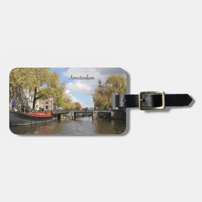 Amsterdam, Canal, Bridge, Houseboat, Church Spire Bagagebricka (Horisontell Framsida)
