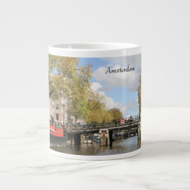 Amsterdam, Canal, Bridge, Houseboat, Church Spire Jumbo Mugg