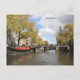 Amsterdam, Canal, Bridge, Houseboat, Church Spire Vykort