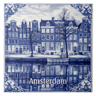 Amsterdam canal Delft Blue style Ceramic Tile Kakelplatta