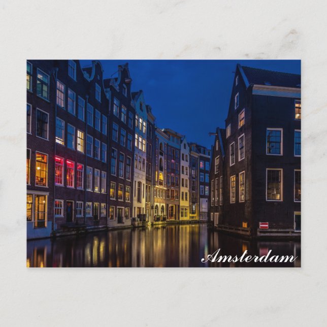Amsterdam Canal Homes Night Ljus Vykort (Framsida)