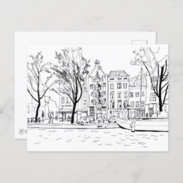 Amsterdam Canal Houses Black and White Sketch Vykort
