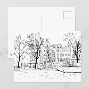 Amsterdam Canal Houses Black and White Sketch Vykort