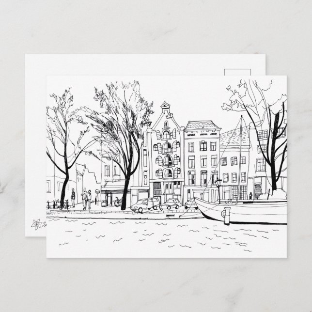 Amsterdam Canal Houses Black and White Sketch Vykort (Fram/baksida)