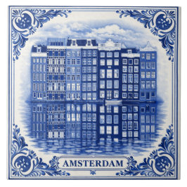 Amsterdam canal houses Delft Blue style tile Kakelplatta