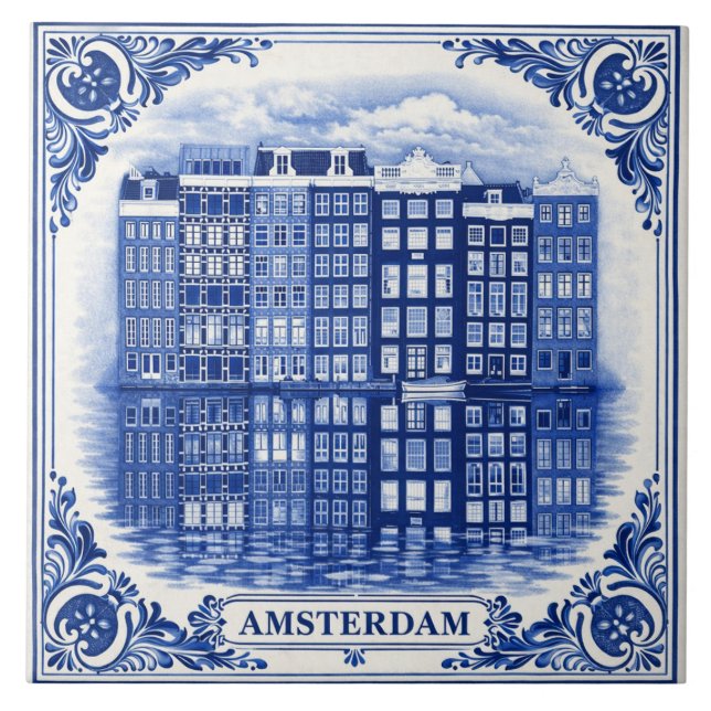Amsterdam canal houses Delft Blue style tile Kakelplatta (Framsidan)