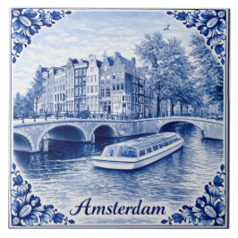 Amsterdam canal houses Delft Blue style tile Kakelplatta