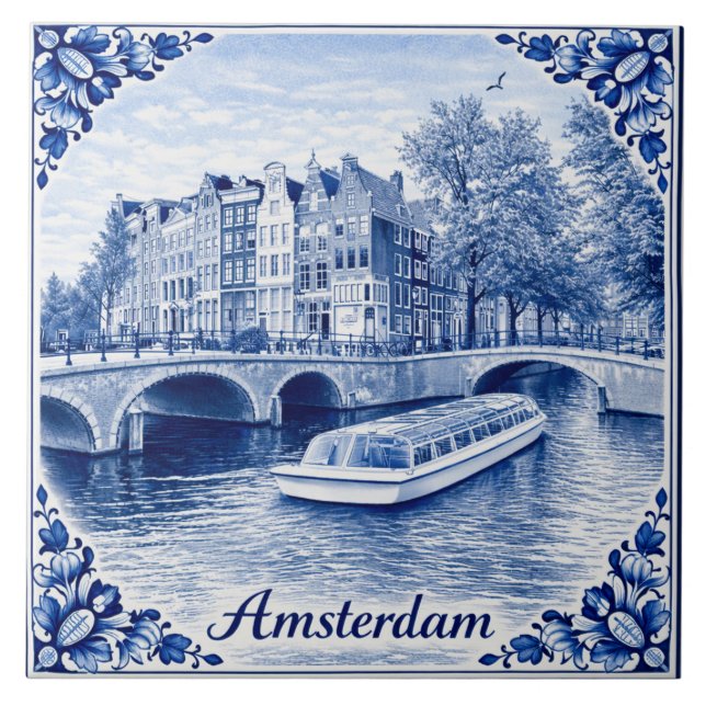 Amsterdam canal houses Delft Blue style tile Kakelplatta (Framsidan)