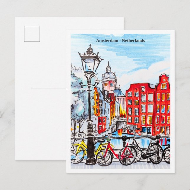 Amsterdam Canal Netherlands Sketch Vykort (Fram/baksida)