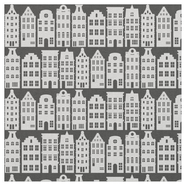 Amsterdam Canal Row Houses Charcol Silver Mönster Tyg (Närbild)