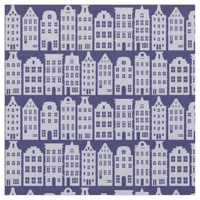 Amsterdam Canal Row Houses Cobalt Blue Mönster Tyg (Närbild)