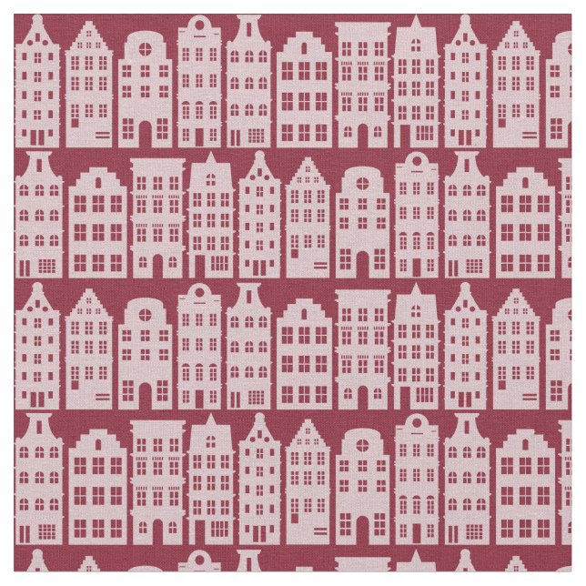 Amsterdam Canal Row Houses Marsala Red Mönster Tyg (Närbild)
