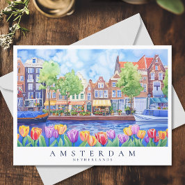 Amsterdam Canal & Tulips Watercolor Travel Vykort