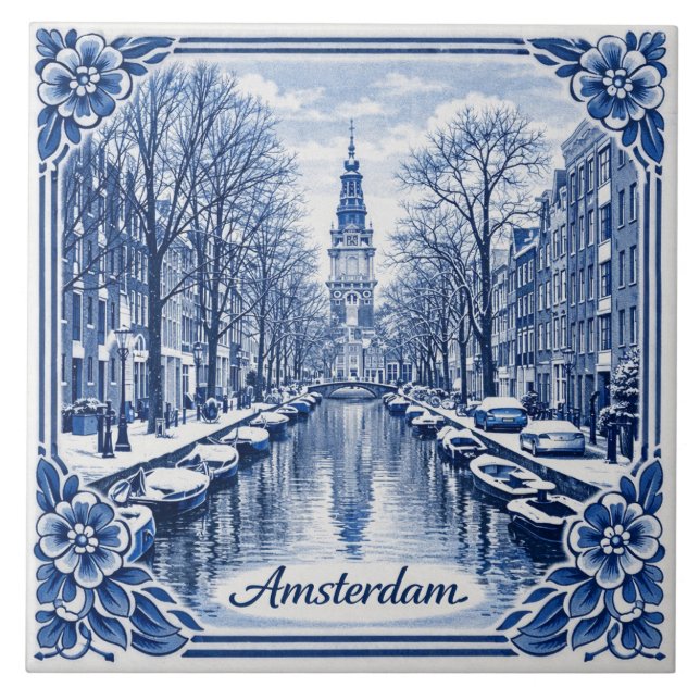 Amsterdam canal winter Delft Blue style tile Kakelplatta (Framsidan)