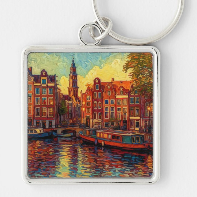 Amsterdam canhouse van Gogh stil Fyrkantig Silverfärgad Nyckelring (Framsidan)