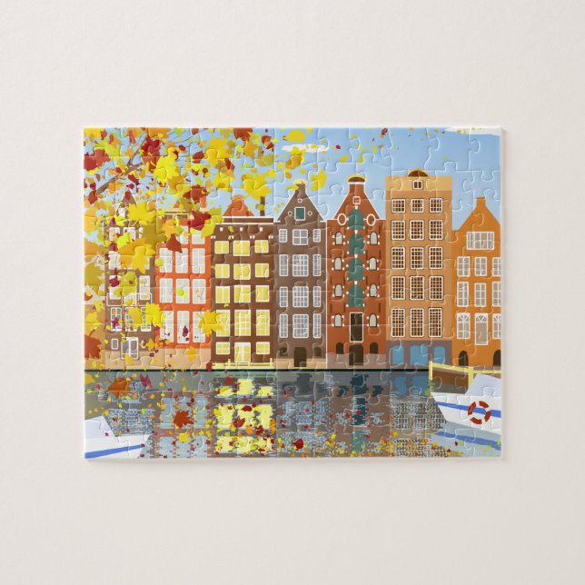 Amsterdam City Autumn Puzzle med Gift Box Pussel (Horisontell)