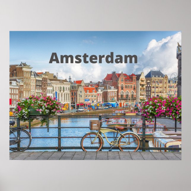 Amsterdam City View - Old Byggnad, River, Boats Poster (Framsidan)