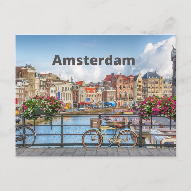 Amsterdam City View - Old Byggnad, River, Boats Vykort (Framsida)