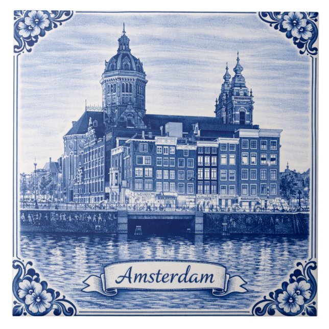 Amsterdam Delft Blå stil keramisk platta Kakelplatta (Framsidan)