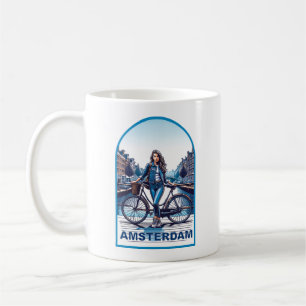 Amsterdam-flicka med cykel på bro kaffemugg