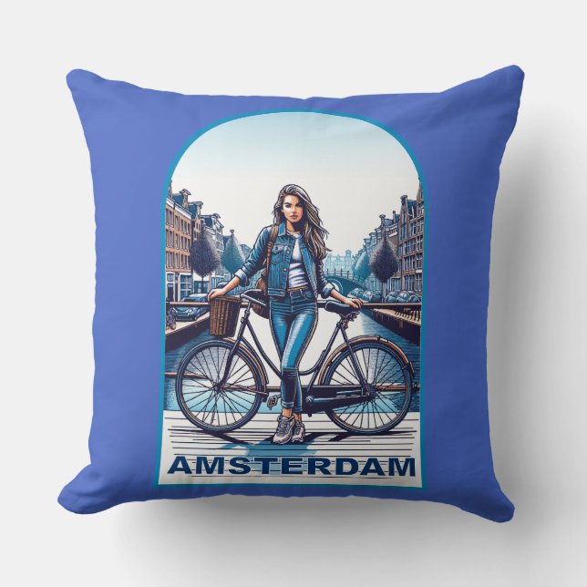 Amsterdam-flicka med cykel på bro kudde (Framsida)