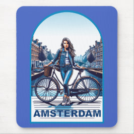 Amsterdam-flicka med cykel på bro musmatta