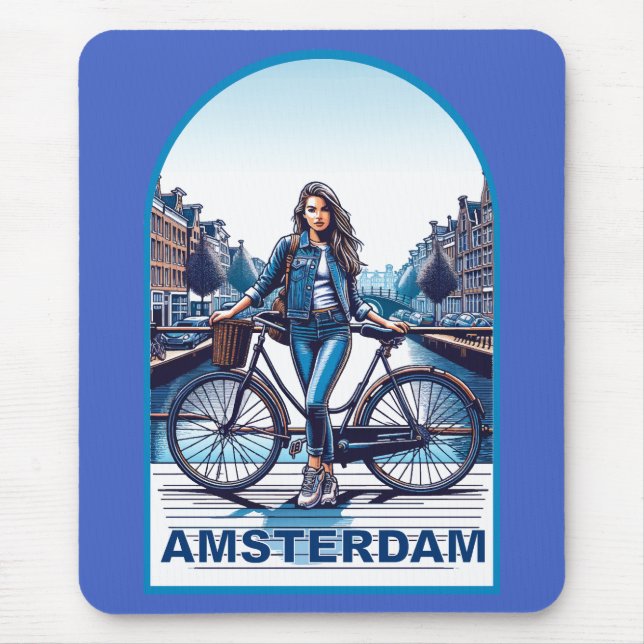 Amsterdam-flicka med cykel på bro musmatta (Framsidan)