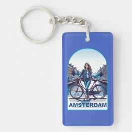 Amsterdam-flicka med cykel på bro nyckelring