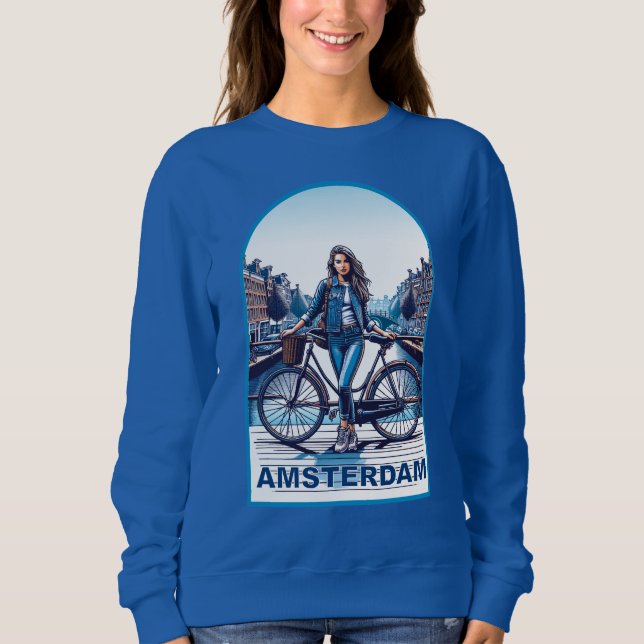 Amsterdam-flicka med cykel på bro t shirt (Framsida)