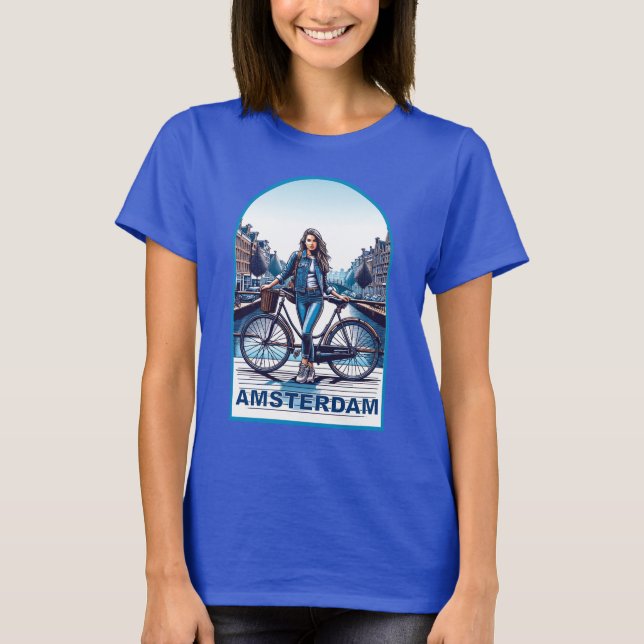 Amsterdam-flicka med cykel på bro t shirt (Framsida)