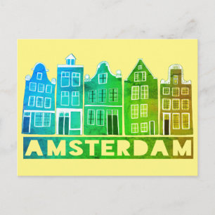 Amsterdam Holland Canal Houses Travel Colorful Vykort