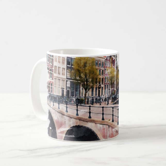Amsterdam Holland Watercolor World Travel Art Kaffemugg (Framsida vänster)