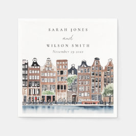 Amsterdam Holländsk Kanal Vattenfärg Landskapsbröl Pappersservett