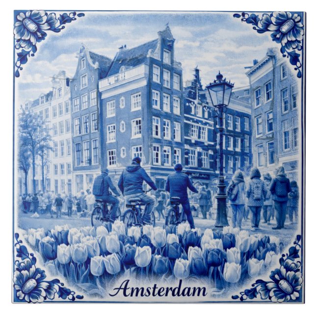 Amsterdam houses Delft Blue style tile Kakelplatta (Framsidan)