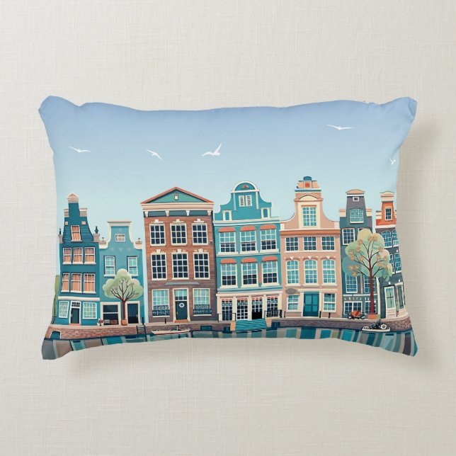 Amsterdam Houses No.1 Sunny Day Pillowcase Prydnadskudde (Framsidan)