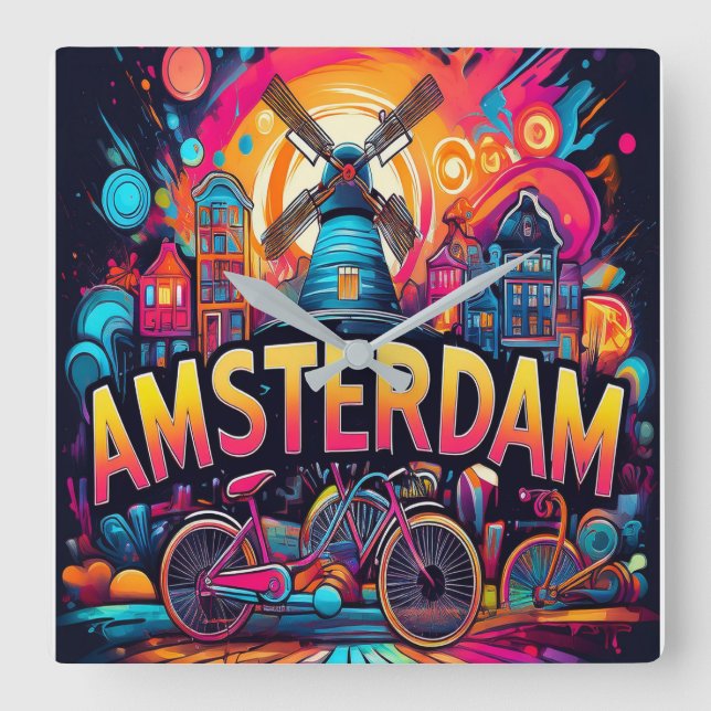 Amsterdam - huvudstad för cyklar fyrkantig klocka (Framsida)