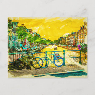 AMSTERDAM, I Kärlek Nederländerna, Watercolor Cana Vykort