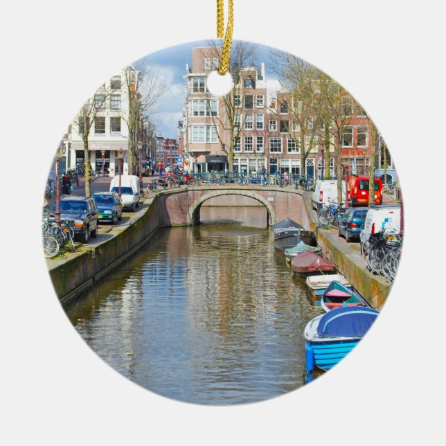 Amsterdam kanal med fartyg julgransprydnad keramik (Framsidan)