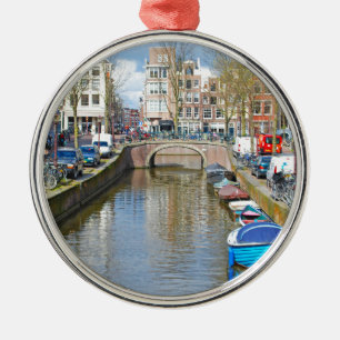 Amsterdam kanal med fartyg julgransprydnad metall