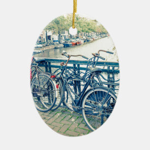 Amsterdam kanal och cyklar julgransprydnad keramik