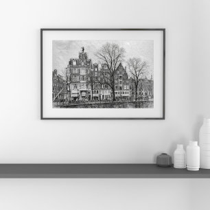 Amsterdam Kanal Stadsscenari - Handritad Skiss Poster