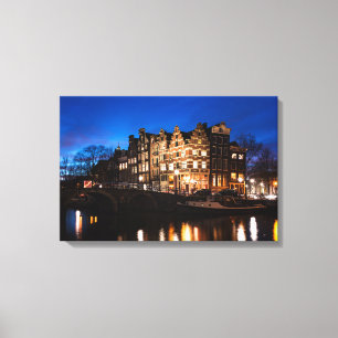 Amsterdam kanalhus på natten canvastryck