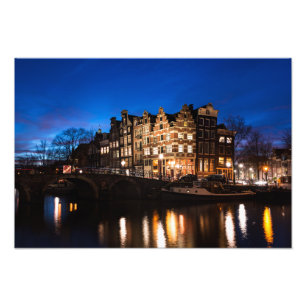 Amsterdam kanalhus på natten fototryck
