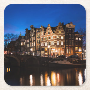 Amsterdam kanalhus på natten underlägg papper kvadrat