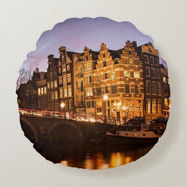 Amsterdam kanalhus på skymningrundan kudder rund kudde (Framsidan)