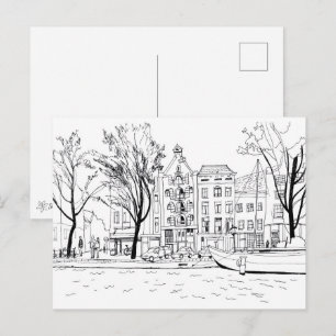 Amsterdam Kanalhus Svart och Vitt Skiss Vykort